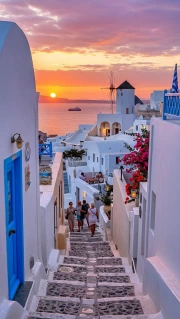 Sunset over the Snow-White Streets of Greece