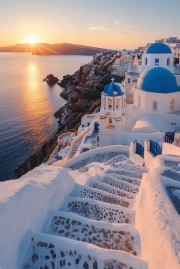 Sunset over Blue and White Houses of Greece: Seascape