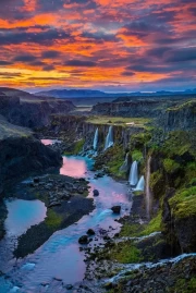 Sunset Waterfalls of Iceland: Magic of Heaven and Nature