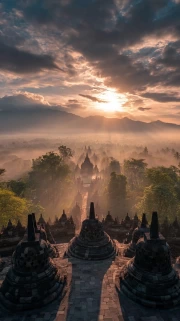 Magical Sunrise over Indonesian Temples: The Tranquility and Beauty of the Country