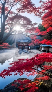 Autumn Temple in Japan: Crimson Maples and Japanese Fairytale
