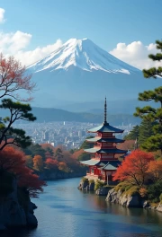Autumn Fuji and Pagoda: Japanese Idyll