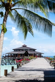 Tropical Coziness: Wooden Pier and Palm House in Malaysia