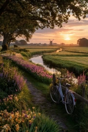 Magical Sunset: Windmill and Blooming Fields of the Netherlands