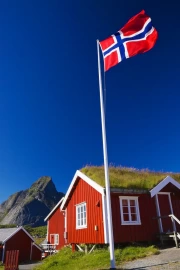 Red Houses of Norway: Landscape with Flag