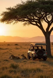 Sunset Safari: Lions and Land Rover under Acacia in South Africa