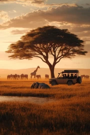 Sunset Safari: Giraffes and Car at South Africa's Majestic Tree