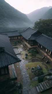 Quiet Morning in South Korea: Traditional Architecture and Mountains