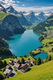 Swiss Alps: Vibrant Lakes and Alpine Cabins