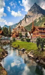 Swiss Idyll: Village by the Mountain and the Turquoise River
