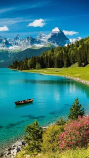 Swiss Idyll: Mountains and Boat at Mirror Lake