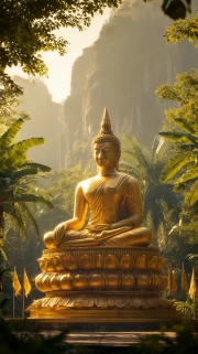 Golden Buddha in Thai Greenery: Spiritual Journey in Thailand