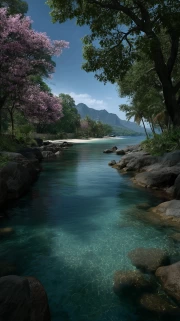 Thailand's Turquoise River: Blooming Trees and Mountains