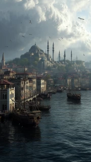 Eastern Landscape of Turkey: Minarets and Sea Vessels