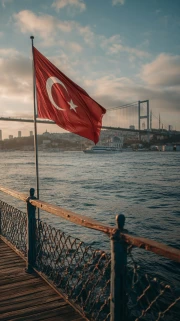 Türkiye: Flag and Bridge Over Water