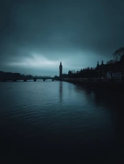 Foggy London: Big Ben and the Thames, UK