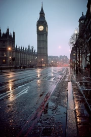 Mysterious London Morning: Big Ben and Wet Streets of Great Britain