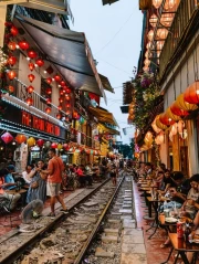 Busy Street of Vietnam: Lanterns and Cafes