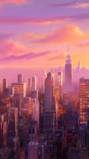 Neon Sunset Over New York Skyscrapers: Urban Chic USA, New York