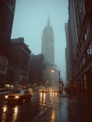 Foggy Morning in New York: Taxi Lights and Skyscrapers