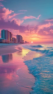 Florida Sunset: Turquoise Waves and Pink Sky USA