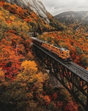 Vermont in Autumn: Train on the Burning Color Bridge
