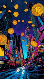 Bitcoin Neon City: Melting Lights and Floating Coins