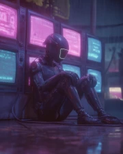 Cyborg in Neon Rain: Cyberpunk World of Screens