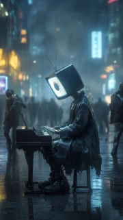 Cyberpunk Symphony: Neon Pianist with Screen Head