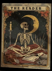 Moon Reader: Gothic Skeleton Among Candles and Books