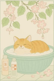 Cozy Kitty in a Blooming Bath: Japanese Minimal Calm