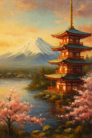 Pagoda and Sakura at the Foot of the Mountain: Japanese Minimalist Tranquility