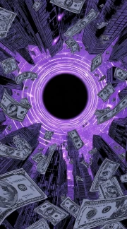 Cosmic Symphony of Money: Purple Horizons and Floating Banknotes
