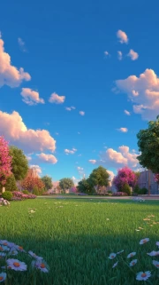 Architectural Charm of Parks: Clouds Over Blooming Expanses