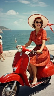 Elegant ride on a red Vespa by the sea: Sunny retro nostalgia of the 70s