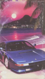Retro Sunrise: Ferrari and Palms on a Pink Sunset