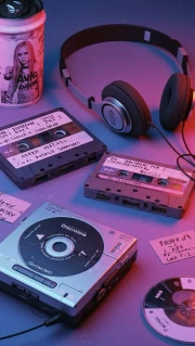 Neon Symphony: Cassettes and Discman in Retro 80s Style