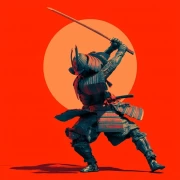 Samurai in Motion Against the Scarlet Sun