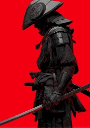 Mysterious Samurai on Red Background: Spirit of Ancient Japan
