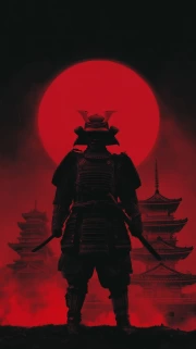 Samurai Silhouette on Red Moon and Pagodas Background