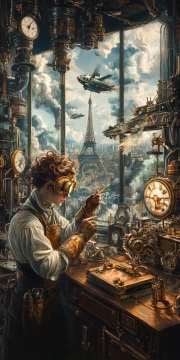 Steampunk engineer in front of the Eiffel Tower of the future