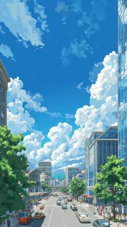 Harmony of Architecture: Busy Street and Flowing Clouds