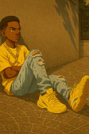 Young Hero in Streetwear Style: Sneakers and Ripped Jeans