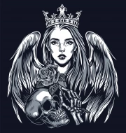 Winged Queen and Skull: Tattoo Symphony of Courage