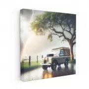 Vintage Land Rover in Thunderstorm - Classic Adventure Spirit