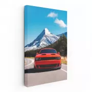 Red Dodge with Snowy Mountain Backdrop - Bold and Adventurous