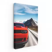 Red Dodge in Snowy Mountains - Bold Statement in Power