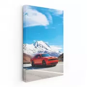 Red Dodge with Snowy Mountains - Rugged and Bold Adventure