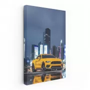 Yellow Mustang in Night Cityscape - Bold and Fearless