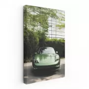 Vibrant Green Porsche by Glass Building - Sleek Style in Motion